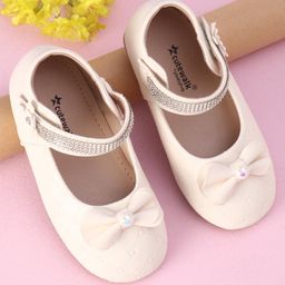 Cute Walk by Babyhug Velcro Closure Bellies with Bow Applique & Pearl & Stud Detailing - Beige-image-86