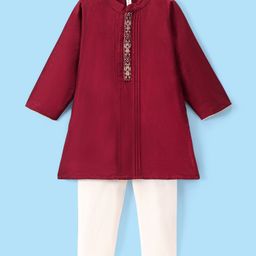Babyhug Full Sleeves Kurta with Pyjama Set & Embroidery on Placket - Maroon-image-14