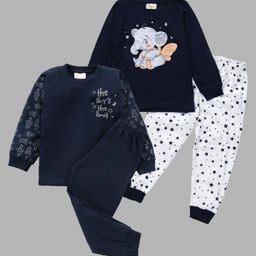 BLUSHES Pack Of 2 Full Sleeve Elephant & Space Rocket PrintedNight Suits - Blue & White-image-61