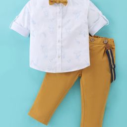 ToffyHouse Cotton Full Sleeves Bear Printed Shirt & Pant Set with Bow Tie & Suspenders - White & Yellow Gold-image-21