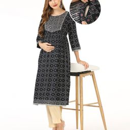 Bella Mama Three Fourth Sleeves Maternity Kurta Yoke Embroidery - Navy Blue-image-111