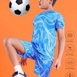 Pine Active Half Sleeves Knitted Athleisure T-Shirt & Shorts Set Marble Print - Blue-18