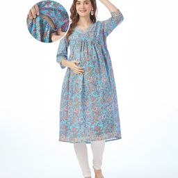 Bella Mama Cotton Woven Three Fourth Sleeves Floral Printed Maternity Kurta With Border - Blue-picture-18