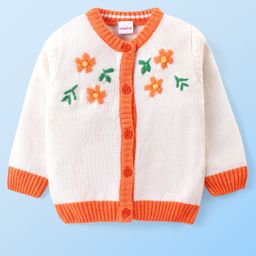 Babyhug Knitted Full Sleeves Front Open Sweater with Floral Embroidery - Orange & White-image-55