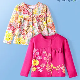 Babyoye Cotton Full Sleeves Floral Printed Jhablas with Bow Applique Pack Of 2 - White & Dark Pink-picture-31