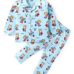 Babyhug Cotton Knit Full Sleeves Front Open Night Suit Bear Print - Sky Blue-image-73