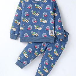 Smarty Boys Fleece Knit Full Sleeves Winter Wear Co-Ord Night Suit With Vehicles Print - Navy-image-63