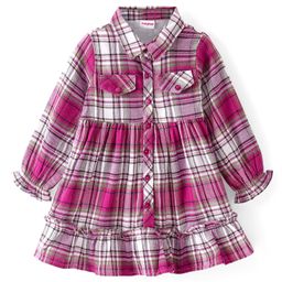 Babyhug Woven Full Peasant Sleeves Checkered Frock with Collar & Pocket Detailing - Pink-image-71
