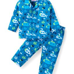 Babyhug Cotton Woven Full Sleeves Front Open Night Suit With Sea Life Print - Blue-image-88