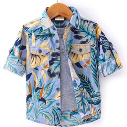 Rikidoos Full Sleeves Leaves Printed Shirt With Attached Tee - Light Blue & Melange-image-36