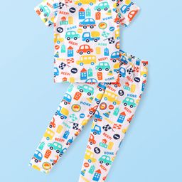 Babyhug Cotton Knit Half Sleeves Night Suit with Vehicle Print - Multicolor-image-61