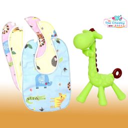 The Cheeky Kidzz Baby Giraffe Shape Soft Silicone Teething Toy for Oral Dental Car Non-Toxic Flexible BPA Free with 3 Feeding Bibs (GREEN)-10