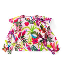 CrayonFlakes Full Sleeves Cotton Floral Printed Frilled with Lace Top - Pink-image-1