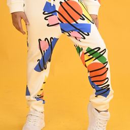 Anthrilo Fleece Abstract Printed Joggers - White-image-1