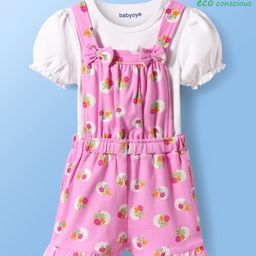 Babyoye 100% Cotton Terry Knit Dungaree & Half Sleeves T-Shirt With Floral Print & Bow Applique - Pink-image-42