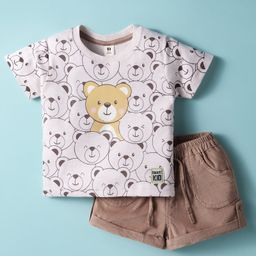ToffyHouse Knitted Half Sleeves T-Shirt & Shorts Set with Bear Print - Tan-image-37