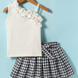 Mark & Mia Woven Sleeveless Top & Printed Skirt with Frill Detailing - White & Navy Blue-image-84