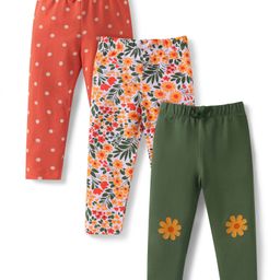 Babyhug Single Jersey Knit Full Length Leggings With Floral & Polka Dot Print Pack of 3 - Olive Green Red & White-image-7