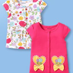 Babyoye 100% Cotton Knit Half Sleeves Front Open Jhablas with Floral Print & Bow Applique Pack of 2 - Dark Pink & White-image-85