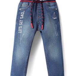 Babyhug Cotton Denim Full Length Washed Jeans With Stretch & Logo Text Print - Blue-image-82