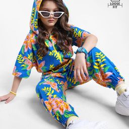 OLLINGTON ST. Cotton Floral Printed Co-Ord Set OF Half Sleeves Hoodie & Joggers - Multicolor-image-59