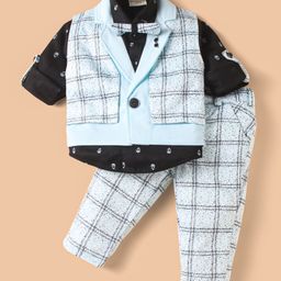 Dapper Dudes Full Sleeves Sailboat Embroidered Shirt With Checked Trouser Waistcoat & Bow Set - Firozi Blue-image-42