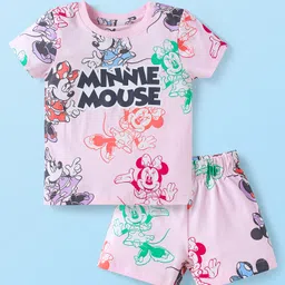 Babyhug Disney Single Jersey Knit Half Sleeves Co-ords Shorts Night Suit with Minnie Mouse Print - Pink-picture-40