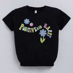 giniekids Cotton Blend Half Sleeves Positive And Happy Text Printed Top - Black-image-21