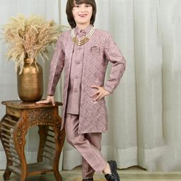 Ahhaaaa Brocade Sequins Embellished Geometric Designed Sherwani Pant Set - Pink-image-75