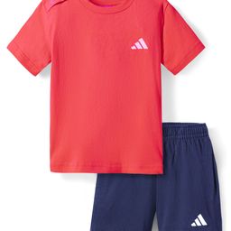 ADIDAS KIDS Cotton Knit Half Sleeves T-Shirt & Shorts Set with Brand Logo Print - Red & Navy Blue-image-88