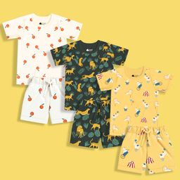 Orange Sugar 100% Cotton Knit Pack Of 3 Half Sleeves Oranges & Circus Printed Coordinating Night Suit Set - Multi Colour-image-27