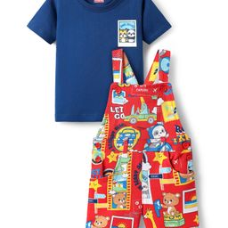 Babyhug Single Jersey Knit Dungaree & Half Sleeves T-Shirt With Animal Print - Red & Blue-image-45