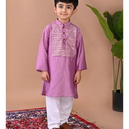 Kinder Kids Cotton Full Sleeves Floral Foil Printed Kurta Pyjama Set - Purple-image-1