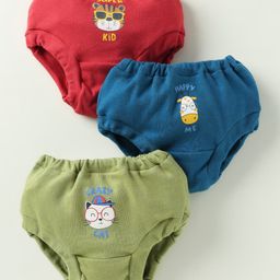 Simply Sinker Knit Bloomers With Animal & Text Print Pack Of 3 - Red Green & Blue-image-1