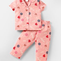 Ollypop Sinker Knit Half Sleeves Co-ords Front Open Night Suit with Lollipop Print - Pink-image-24
