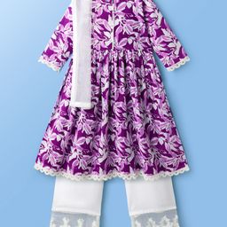 Pine Kids Cotton Woven Three Fourth Sleeves Floral Printed Kurta Salwar & Dupatta Set - Purple-picture-28