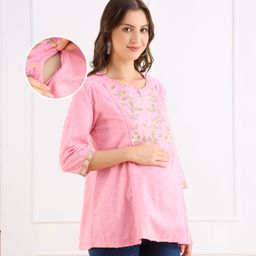 Bella Mama Woven Three Fourth Sleeves Maternity Top With Floral Embroidered Yoke - Pink-image-30
