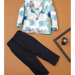 Rikidoos Cotton Woven Full Sleeves Typography Printed Tee & Trousers With Full Sleeves Blazer Set - Multi Colour & Navy Blue-picture-19