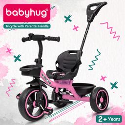 Babyhug Tricycle with Parental Push Handle-Pink| Safety Harness| Foldable Footrest| Storage Baskets| Anti-Slip Pedals| Adjustable Push Bar| Puncture Proof Wheels| Comfortable Seat| High Backrest-image-86