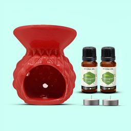 PEEPALCOMM 5Pc Red Textured Ceramic T-light Aroma Diffuser With Lemongrass Oils- 15ml Each-image-6