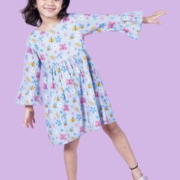Nature Nook Kids Girls Blue Cotton Round Neck Full Sleeves Floral Print Fit & Flare Dress-image-29