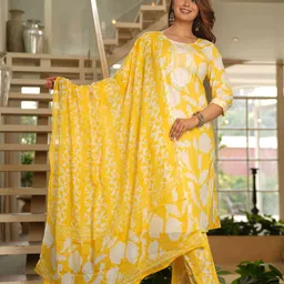 WILL BOTTOM Women Floral Printed Regular Pure Cotton Kurta with Trousers & With Dupatta-image-77