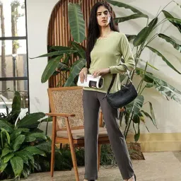 BlissClub Grey Plain Mid Rise Pants-image-90