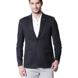 Spykar Navy Textured Notched Lapel Blazer-image-37