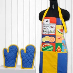 Swayam Blue & Yellow Kitchen Apron with Oven Gloves - Set of 1-12