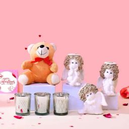 Tayhaa Ceramic 3 Angel Figurines With 3 Candles & Teddy - Set of 7-23