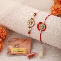 Saraf RS Jewellery Set Of 2 Kundan Studded & Pearl Beaded Traditional Thread Rakhi With Roli Tilak-13