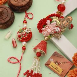 Saraf RS Jewellery Set of 2 Designer Red Kundan Zardozi Handcrafted Lumba Rakhi Set With Roli Chawal For Bhai & Bhabhi-37