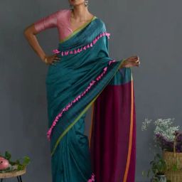 Suta Teal Blue & Purple Plain Saree Without Blouse-image-26