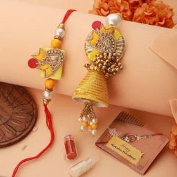 Saraf RS Jewellery Set of 2 Yellow Designer Zardozi & Pearl Beaded Handcrafted Lumba Rakhi Set For Bhaiya & Bhabhi-44
